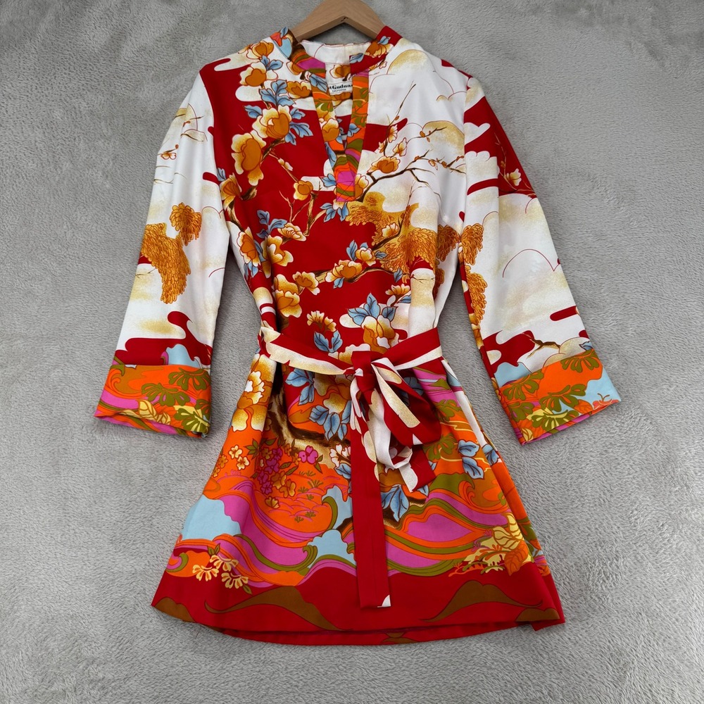 Vintage Krist Gudnason Womens Dress Size M Red Floral Belted Preowned 70s Psyche